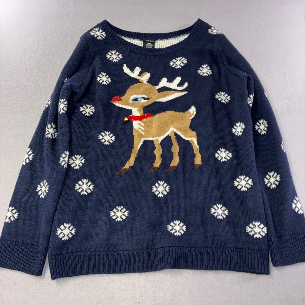 rue21 Reindeer Snowflake Sweater Womens Large Navy Blue Holiday Knit